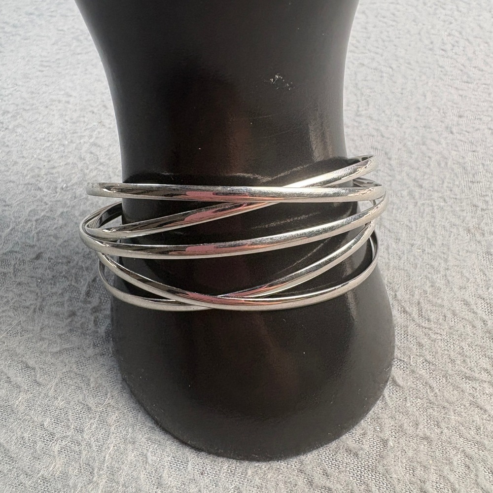 Silver Tone Multi Strand Crossover Cuff Bracelet Layered Open Bangle